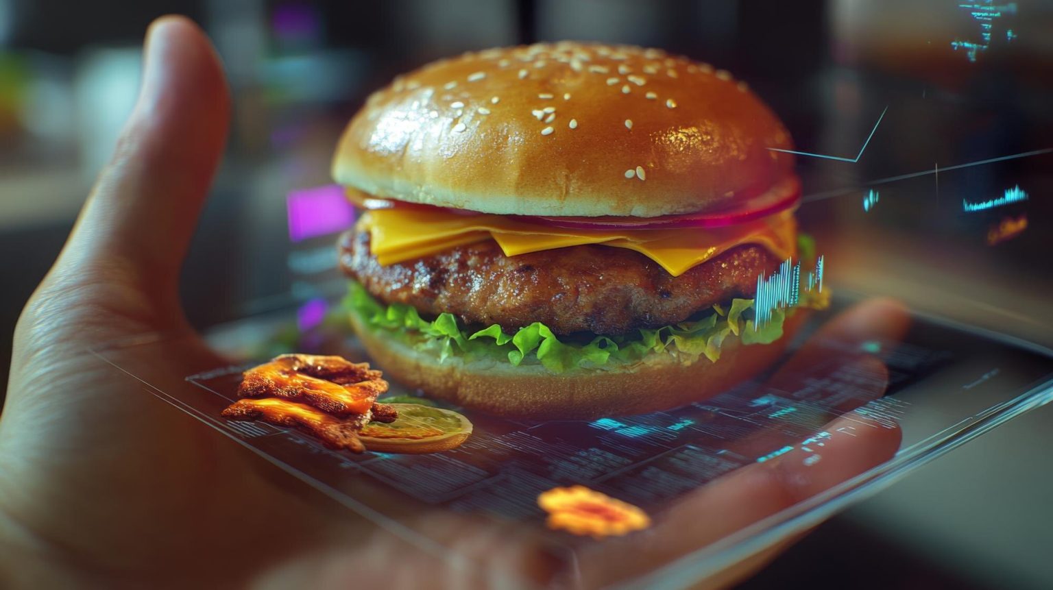 Ręka trzymająca futurystyczny hamburger z cyfrowym interfejsem w nowoczesnym otoczeniu