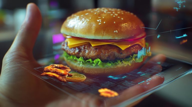 Ręka trzymająca futurystyczny hamburger z cyfrowym interfejsem w nowoczesnym otoczeniu
